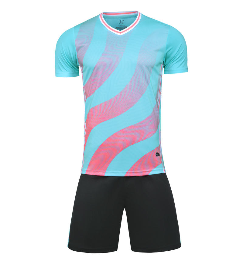 M8633 Cyan Pink soccer uniform front